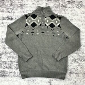 Vintage Esprit Men's Sweater Gray Fair Isle Button Neck Size Small 1980s-90s